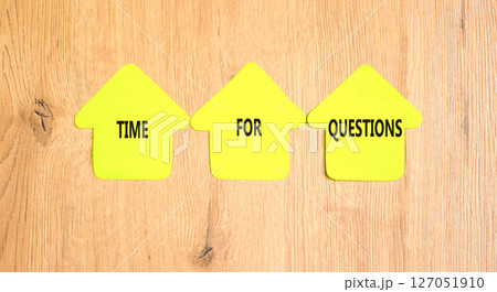 Time for questions symbol. Concept words Time for questions on beautiful yellow paper houses. Beautiful wooden background. Business time for questions concept. Copy space. Time for questions symbol. Concept words Time for questions on beautiful yellow paper houses. Beautiful wooden background. Business time for questions concept. Copy space. 127051910