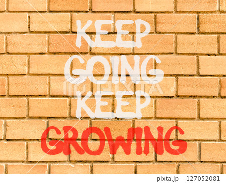Keep going and growing symbol. Concept words phrase Keep going keep growing on beautiful brown brick wall. Beautiful brown brick wall background. Business Keep going and growing concept. Copy space. Keep going and growing symbol. Concept words phrase Keep going keep growing on beautiful brown brick wall. Beautiful brown brick wall background. Business Keep going and growing concept. Copy space. 127052081