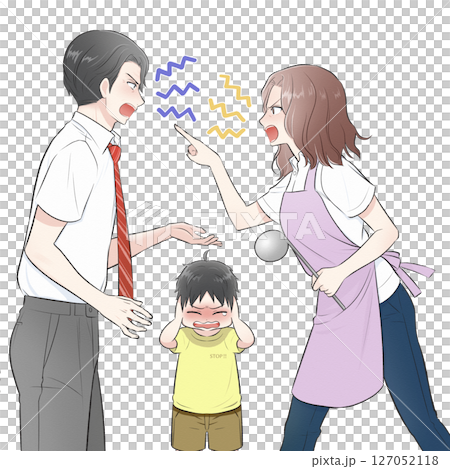夫婦喧嘩する両親の間に挟まれ涙を浮かべながら耳をふさぐ男の子のイラスト 127052118