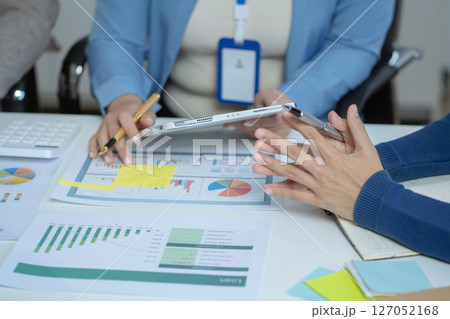 Business team present. professional investor working new start up project. tablet laptop computer with digital marketing media in design Finance managers meeting. 127052168