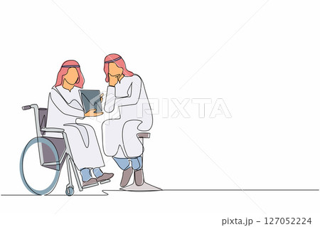 Single continuous line drawing disabled Arabic man patient in wheelchair talking with doctor, discuss results of medical examination. Doctor hold checklist. One line graphic design vector illustration 127052224