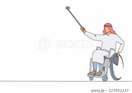 Continuous one line drawing Arabian male young wheelchair user taking selfie with phone and stick. Society and disabled people community concept. Single line draw design vector graphic illustration Continuous one line drawing Arabian male young wheelchair user taking selfie with phone and stick. Society and disabled people community concept. Single line draw design vector graphic illustration 127052227