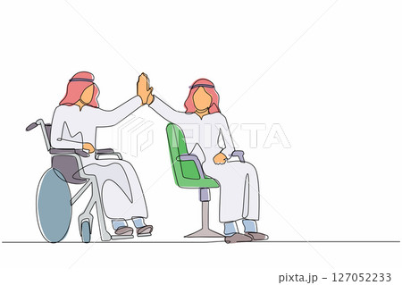 Single one line drawing happy disabled Arabian man give high five coworker. Office worker sitting in wheelchair joy. Colleague celebrating success. Good job sign. Continuous line design graphic vector Single one line drawing happy disabled Arabian man give high five coworker. Office worker sitting in wheelchair joy. Colleague celebrating success. Good job sign. Continuous line design graphic vector 127052233