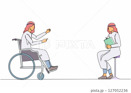 Continuous one line drawing disabled Arab man at job interview in office. Person in wheelchair talking with employer. Job interview, workday, social help. Single line draw design vector illustration Continuous one line drawing disabled Arab man at job interview in office. Person in wheelchair talking with employer. Job interview, workday, social help. Single line draw design vector illustration 127052236