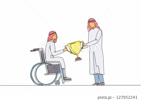 Continuous one line drawing disabled Arab man on wheelchair accept winner trophy cup. Achievements and victory. Disability people success in sport and business. Single line draw design vector graphic 127052241