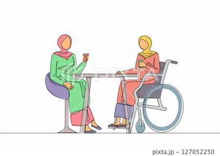 Single continuous line drawing two Arabian businesswomen talk at business meeting. Colleagues have coffee break. Disability male drinks coffee with her friend. One line draw design vector illustration 127052250