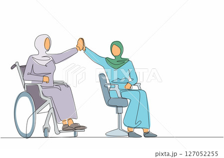 Single continuous line drawing happy disabled Arab woman give high five coworker. Office worker sitting in wheelchair joy. Colleague celebrating success. Good job sign. One line graphic design vector 127052255