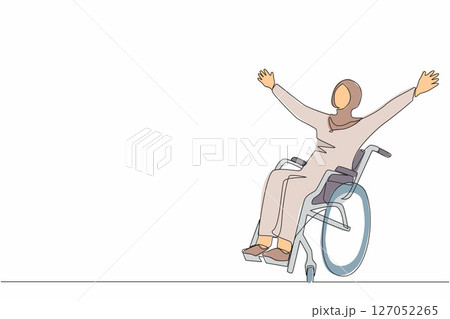 Continuous one line drawing Arabic woman sitting in wheelchair, raising hands in happiness, rehabilitation concept. Happy young woman in wheelchair. Single line draw design vector graphic illustration 127052265