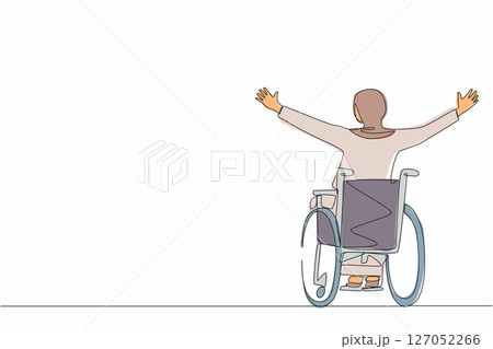 Single continuous line drawing back view Arab businesswoman sitting in wheelchair, raising arms in happiness, rehabilitation. Happy person raising her hands up for joy. One line graphic design vector 127052266