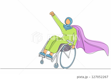 Single one line drawing disable Arabian woman sitting in wheelchair character concept. Superhero with disability, power of mind. Never give up. Continuous line draw design graphic vector illustration 127052267
