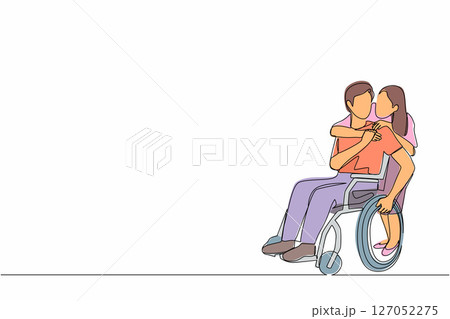 Single one line drawing man in wheelchair after car accident and his wife to give encouragement. Mutual care has made people with disabilities equality in society. Continuous line draw design vector 127052275