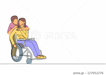 Single continuous line drawing woman in wheelchair after car accident and her husband to give encouragement. Mutual care has made people with disabilities equality in society. One line design vector 127052276