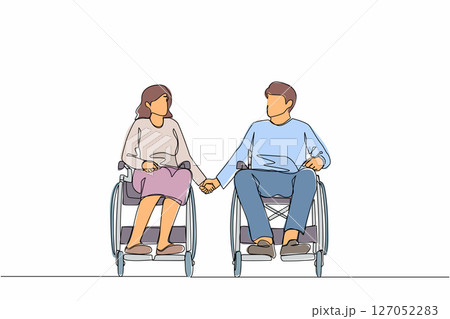 Single continuous line drawing disabled people on wheelchair living happy active lifestyle concept. Happy disabled couple man woman in wheelchair sitting and holding hands. One line draw design vector 127052283