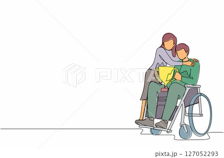 Single continuous line drawing disability man on wheelchair with trophy cup sharing his joy from achievements and victory with his wife. Disabled people success in sport. One line draw design vector 127052293