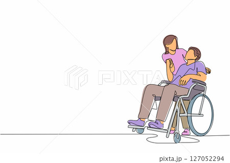 Single one line drawing wife embracing disabled husband sitting on wheelchair. Couple looking at each other with love. Woman holding hands of disable man. Continuous line draw design graphic vector 127052294
