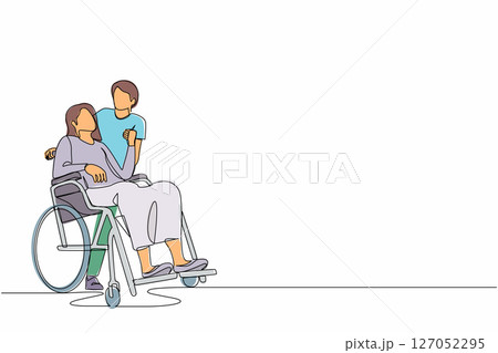 Single continuous line drawing husband embracing disabled wife sitting on wheelchair. Couple looking at each other with love. Man holding hands of disable woman. One line draw graphic design vector 127052295