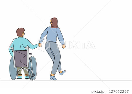 Single continuous line drawing back view woman with her beloved disabled husband on wheelchair is taking stroll. Young man with physical disability and his wife outdoors. One line draw design vector Single continuous line drawing back view woman with her beloved disabled husband on wheelchair is taking stroll. Young man with physical disability and his wife outdoors. One line draw design vector 127052297