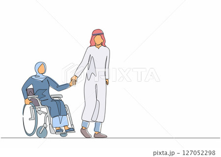 Single one line drawing Arabic husband walk the park with disabled wife, woman on wheelchair. Assistance in rehabilitation of disabled person. Lovely couple. Continuous line draw design graphic vector Single one line drawing Arabic husband walk the park with disabled wife, woman on wheelchair. Assistance in rehabilitation of disabled person. Lovely couple. Continuous line draw design graphic vector 127052298