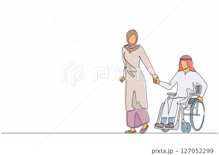 Continuous one line drawing Arabian wife walk the park with disabled husband, man on wheelchair. Assistance in rehabilitation of disabled person. Lovely couple. Single line draw design vector graphic Continuous one line drawing Arabian wife walk the park with disabled husband, man on wheelchair. Assistance in rehabilitation of disabled person. Lovely couple. Single line draw design vector graphic 127052299