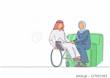 Single one line drawing Arabian couple with disability man in wheelchair holding hands with woman sitting on sofa. Assistance rehabilitation of disabled person. Continuous line design graphic vector 127052303