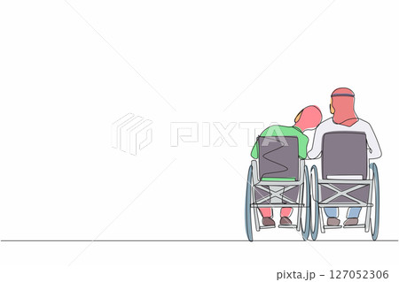 Single one line drawing back view Arabian couple with disabilities sit in wheelchairs talking each other. Woman rests her head on man's shoulder. People with disability. Continuous line design vector 127052306