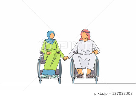 Continuous one line drawing disabled people on wheelchair living happy active lifestyle concept. Disabled Arab couple man woman in wheelchair sitting and holding hands. Single line draw design vector 127052308