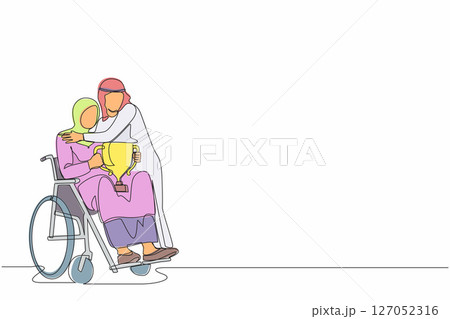 Single continuous line drawing disability Arab woman on wheelchair with trophy cup sharing her joy from achievements, victory with her husband. Disabled people success in sport. One line design vector 127052316