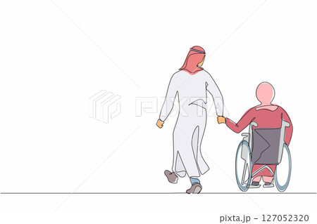 Single continuous line drawing back view Arab man with his beloved disabled wife on wheelchair is taking stroll. Woman with physical disability and her husband outdoors. One line graphic design vector 127052320