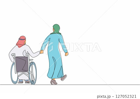 Single continuous line drawing back view Arab woman with her beloved disabled husband on wheelchair is taking stroll. Man with physical disability and his wife outdoors. One line graphic design vector 127052321
