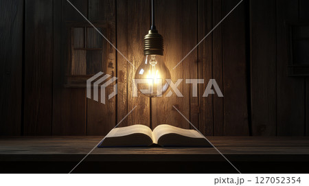 glowing lightbulb illuminates open book on wooden table, creating warm and inviting atmosphere glowing lightbulb illuminates open book on wooden table, creating warm and inviting atmosphere 127052354