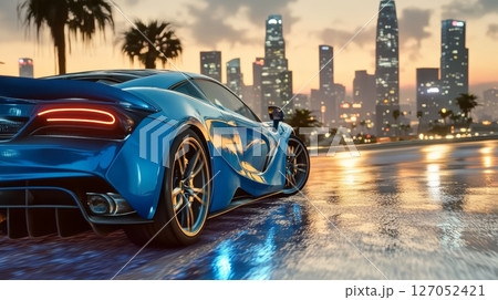 blue sports car drives on city road at sunset, reflecting vibrant skyline and creating stunning atmosphere 127052421