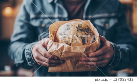 Man holding globe wrapped in paper, symbolizing global connections and exploration, with warm atmosphere Man holding globe wrapped in paper, symbolizing global connections and exploration, with warm atmosphere 127052432