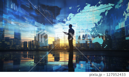 businessman standing modern office, analyzing data with city skyline and digital world map background, reflecting innovation 127052433