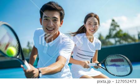 Young couple playing tennis on sunny day, enjoying their time together on court with smiles and energy 127052473