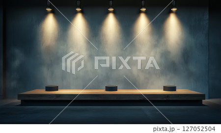minimalist wooden stage illuminated by soft lights creates serene atmosphere, perfect for presentations or performances 127052504