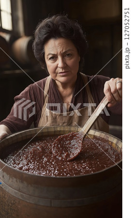 Senior woman chef mixing sauce in wooden barrel in traditional workshop 127052751