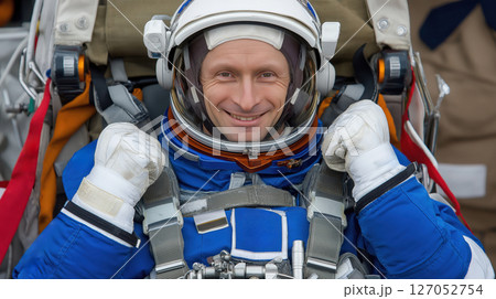 Smiling astronaut wearing spacesuit. 127052754