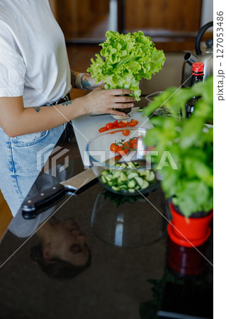 Chopping Fresh and Vibrant Vegetables in a Modern Culinary Kitchen Environment for Meals Chopping Fresh and Vibrant Vegetables in a Modern Culinary Kitchen Environment for Meals 127053486