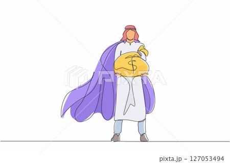 Single one line drawing gigantic profits of financial success. Super Arabian businessman hero with a bag of money. Business metaphor concept. Modern continuous line design graphic vector illustration 127053494