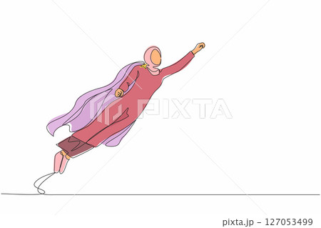 Single continuous line drawing super Arabian businesswoman raised fist and flying in the air. Superhero of business, financial, growth, career, leader. One line draw graphic design vector illustration 127053499