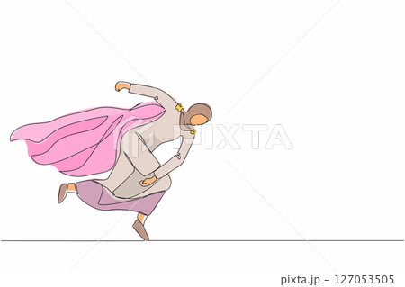 Continuous one line drawing superhero Arabic businesswoman punching breaking through problem. Elimination obstacles. Motivation to win, reliable leadership. Single line draw design vector illustration 127053505