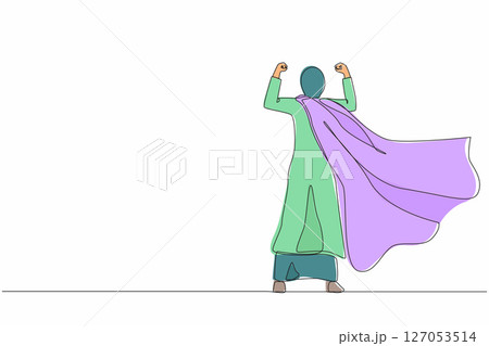 Single continuous line drawing back view super Arabian businesswoman. Female in strong base pose. Success and victory in business. Superhero in cloak. One line draw graphic design vector illustration Single continuous line drawing back view super Arabian businesswoman. Female in strong base pose. Success and victory in business. Superhero in cloak. One line draw graphic design vector illustration 127053514