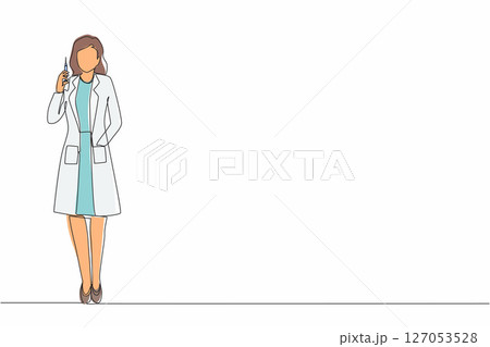 Single one line drawing female doctor holding medical injection syringe. Doctor wearing protective medical mask and gloves holding syringe in hand. Continuous line design graphic vector illustration Single one line drawing female doctor holding medical injection syringe. Doctor wearing protective medical mask and gloves holding syringe in hand. Continuous line design graphic vector illustration 127053528