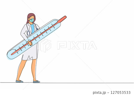 Continuous one line drawing therapist doctor with mask on her face carry thermometer in the hospital. Female nurse or doctor in medical outfit with stethoscope. Single line draw design vector graphic 127053533