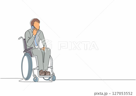 Continuous one line drawing disabled guy in wheelchair having phone conversation while working from home. Injured businessman talking with client on mobile phone. Single line draw design vector 127053552