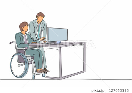 Single continuous line drawing disabled businessman in wheelchair working with colleague in office. People discussing business graph on computer. One line draw graphic design vector illustration 127053556