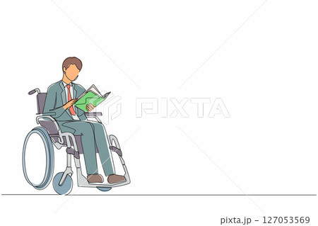 Continuous one line drawing positive student disabled reads book while sitting in wheelchair. Injured guy studying in college. Rehabilitation of disabled people. Single line draw design vector Continuous one line drawing positive student disabled reads book while sitting in wheelchair. Injured guy studying in college. Rehabilitation of disabled people. Single line draw design vector 127053569