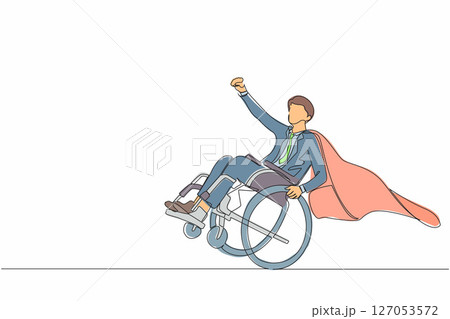 Single continuous line drawing happy disabled businessman in cloak suit pretend to be superhero, raising hands up. Be happy and strong despite life's difficulties. One line draw graphic design vector Single continuous line drawing happy disabled businessman in cloak suit pretend to be superhero, raising hands up. Be happy and strong despite life's difficulties. One line draw graphic design vector 127053572