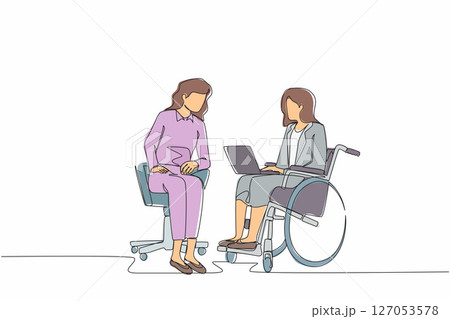 Continuous one line drawing employee with disabilities and inclusion work together in office. Disabled female on wheelchair with coworker sit communicate using laptop. Single line draw design vector 127053578