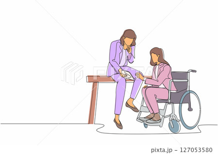 Single one line drawing businesswoman sitting on wheelchair presenting business graph on paper to manager. Diverse corporate colleagues in modern office. Continuous line draw design graphic vector 127053580